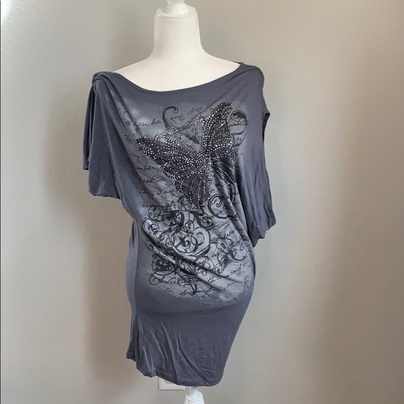 Grey Butterfly Asymmetrical Tunic Dress - Picture 2 of 7